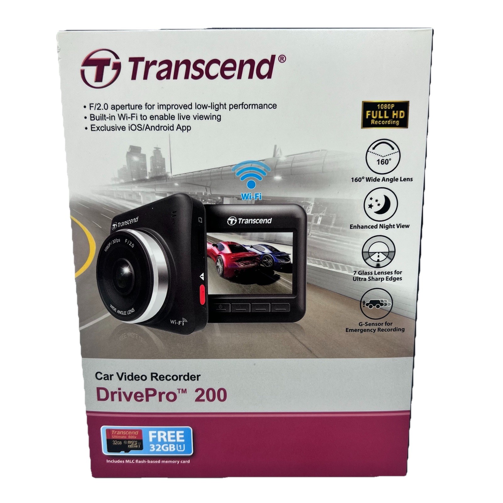 Transcend Dashcam DrivePro 200 Wi-Fi Car Video Recorder New