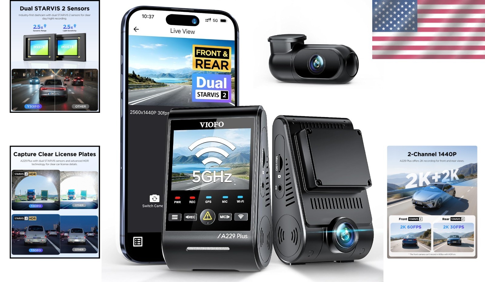 Compact Dual Lens Dash Cam with 24/7 Parking Mode & App Control – A229 Plus