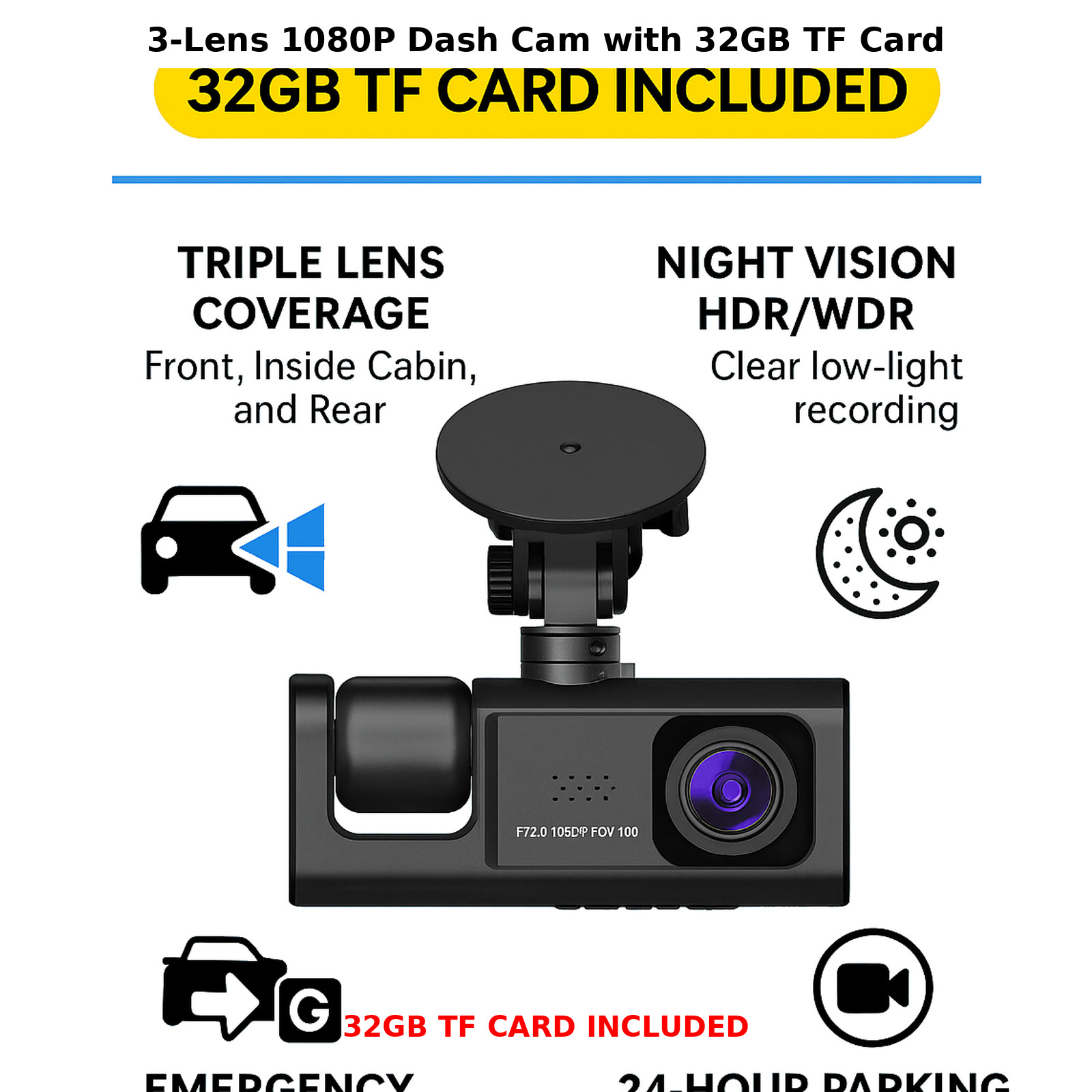 Touch Screen Dash Cam 4″ 1080P Front/Rear Camera Dual Lens Car DVR Recorder