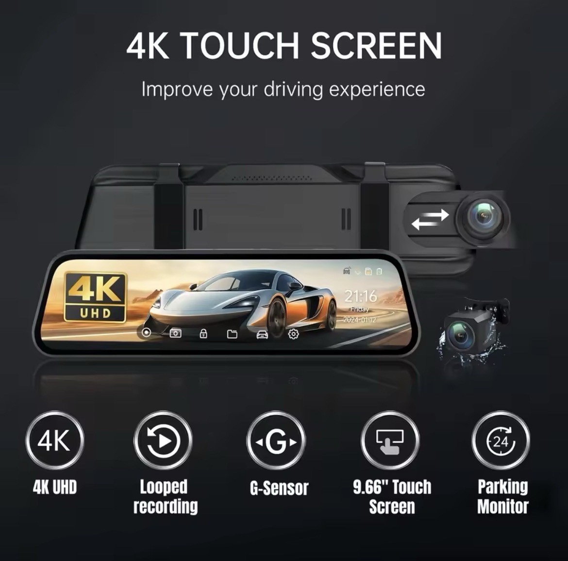 10” 4K Touch Screen Dash Cam Mirror w/ Rear Camera Night Vision Parking Monitor