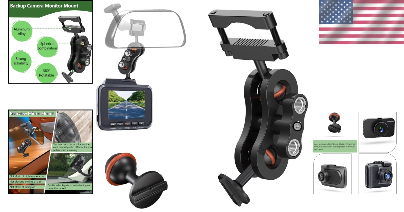 Rearview Dash Cam Mount for Rove R2-4K PRO with Adjustable Viewing Angle