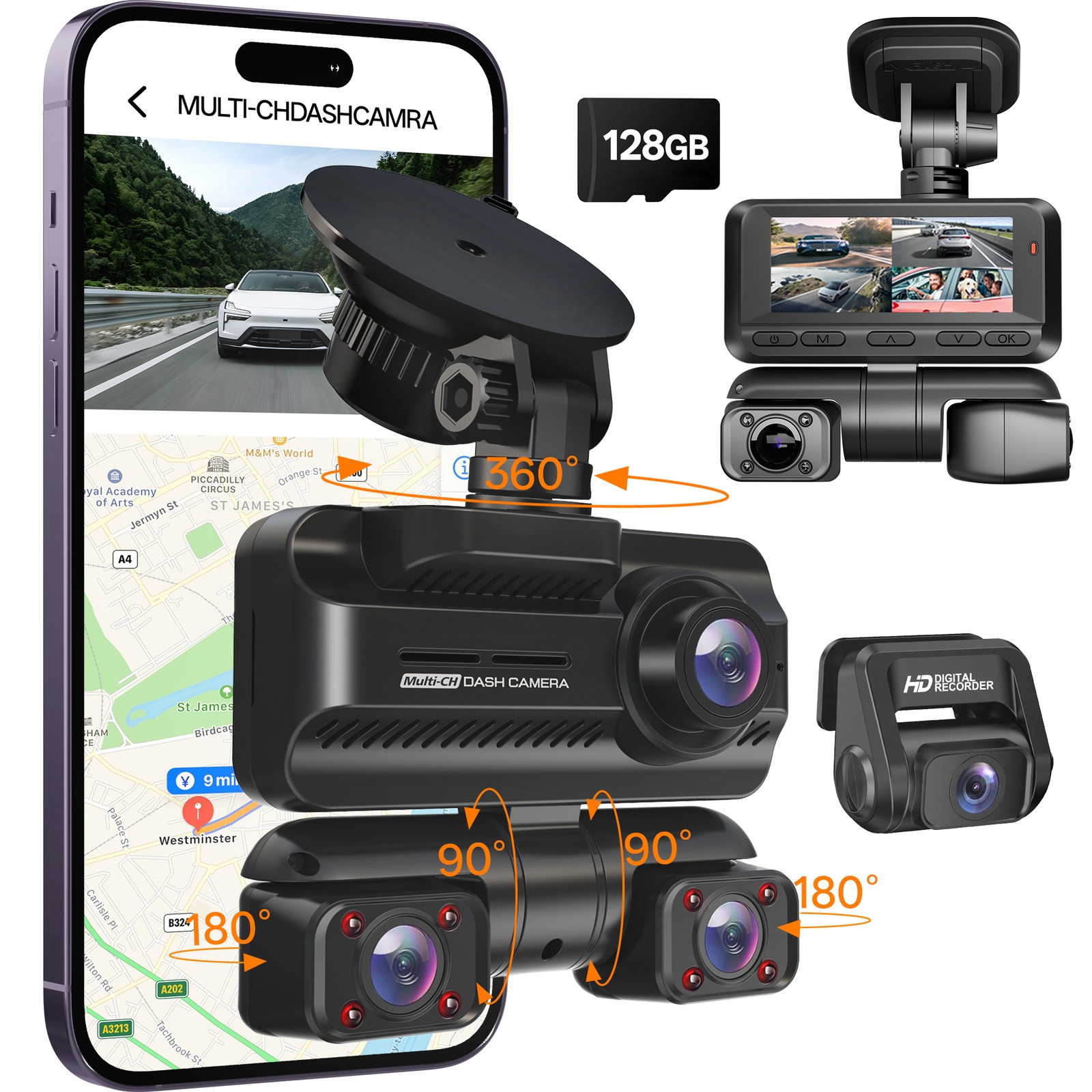 360° Dash Cam Front and Rear Inside,4 Channel Camera FHD 1080P Recorder G-Sensor