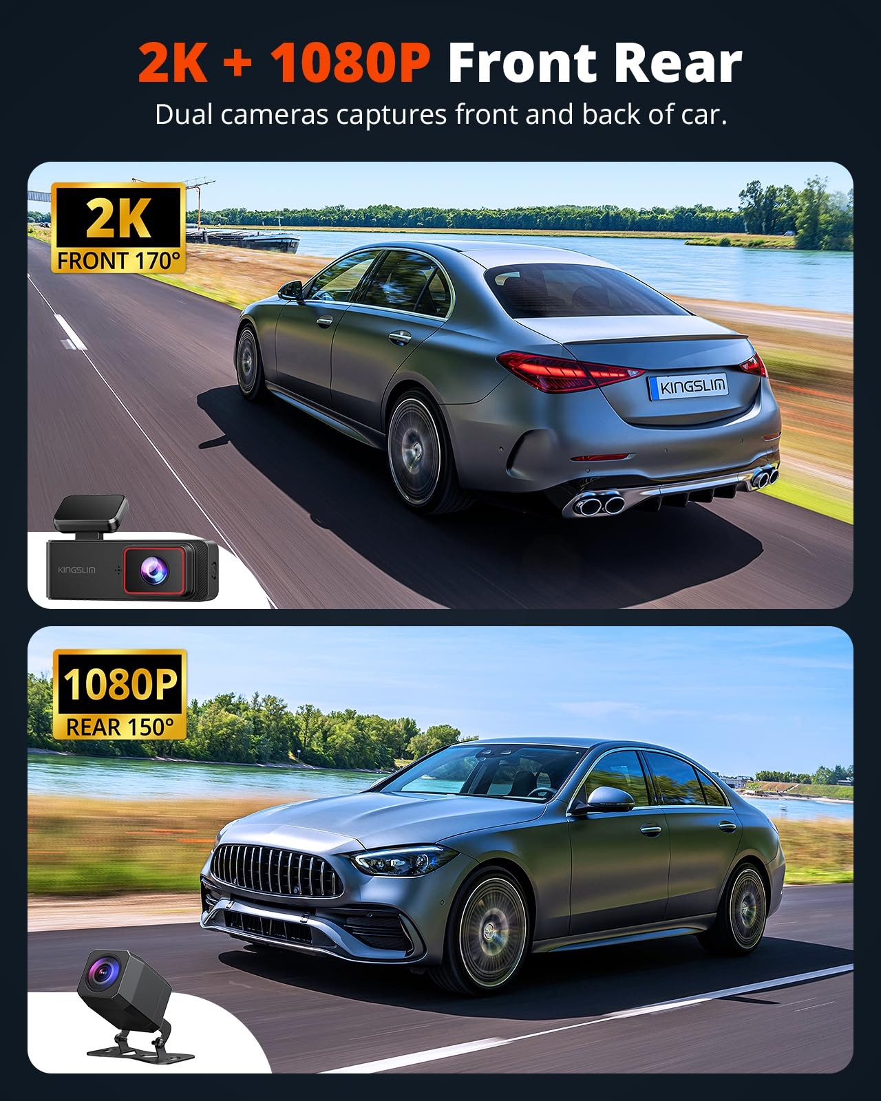 Wireless Dash Cam Front and Rear 2K, WiFi APP Dash Camera for Cars with 1.5”…