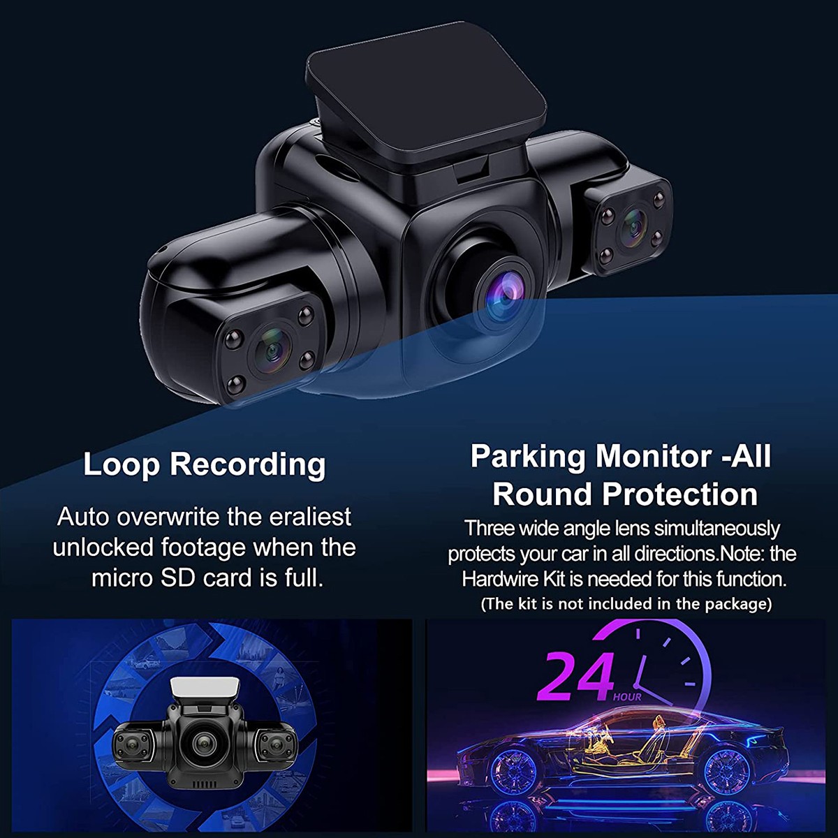 Dash Cam 4-Channel 360° Front Rear Inside DashCam 1080P Car Camera WIFI G-Sensor