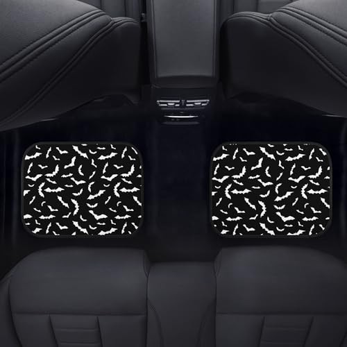 Bat Car Floor Mats Carpet Set of 4 White Flying Bats Silhouettes on White Black