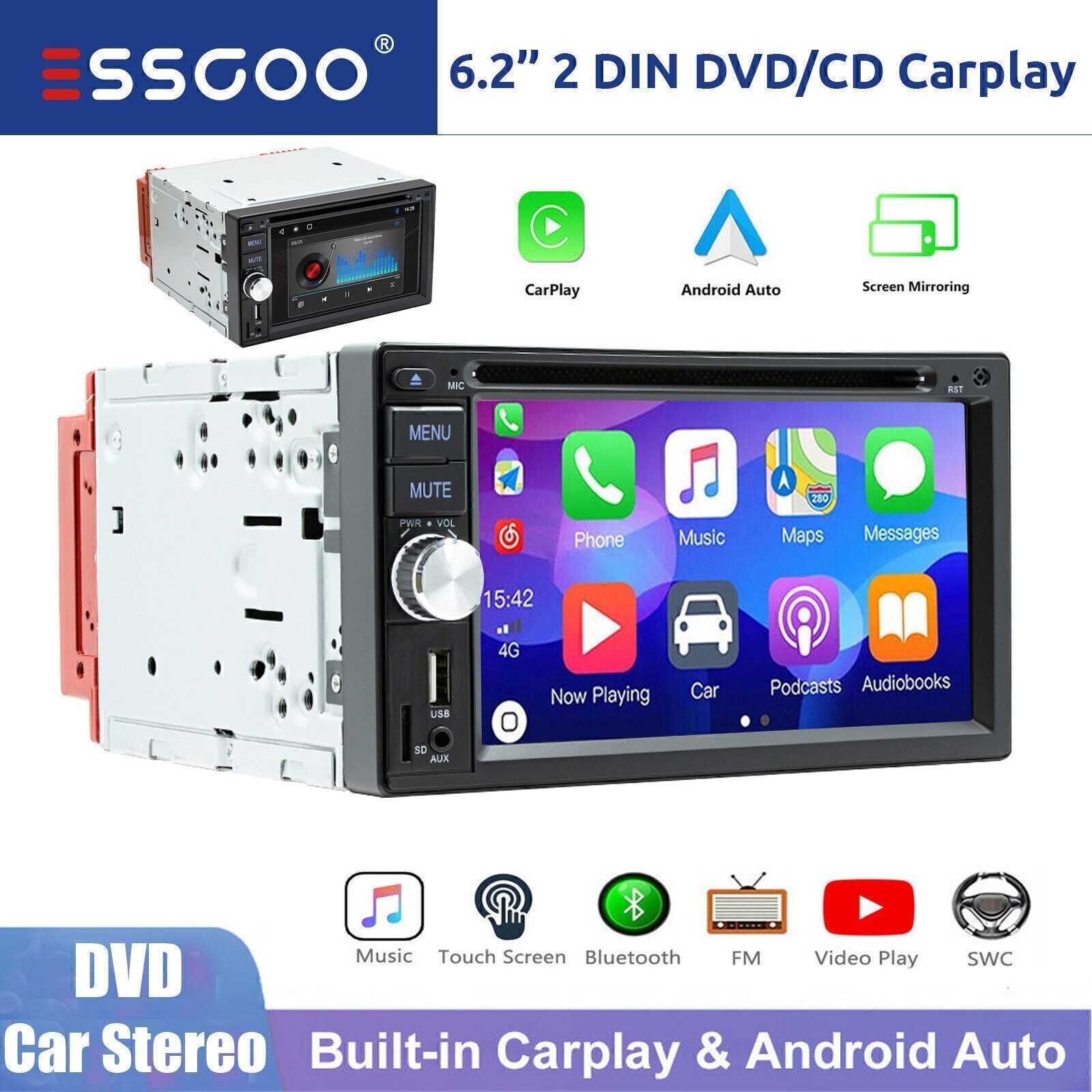 6.2″ 2DIN Car Stereo Apple Carplay Android Auto DVD Bluetooth Radio FM/AM/RDS/TF