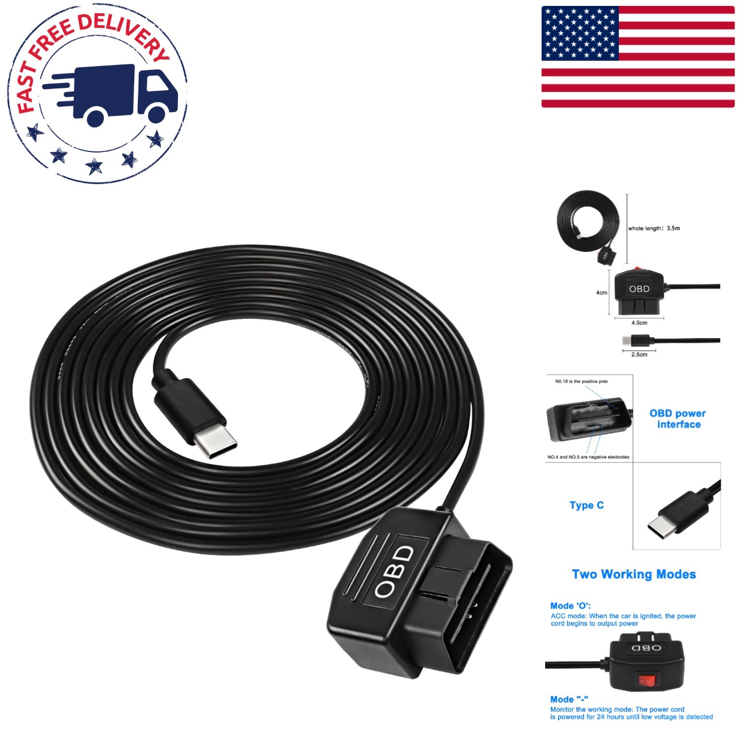 Type C OBD Power Adapter – 3.5M for Continuous Dash Camera Monitoring