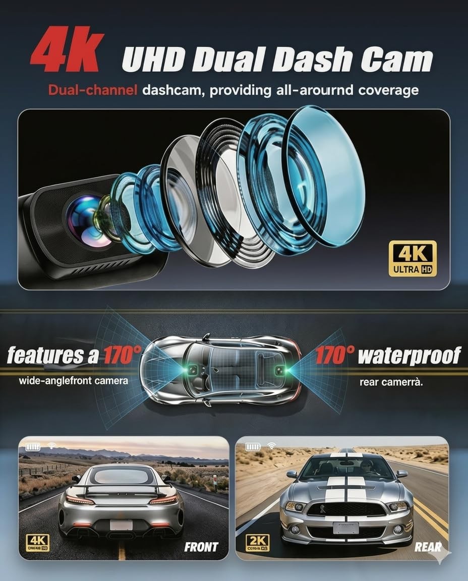 HKOIZBL 4K+2.5K Dash Cam Front and Rear, Built-in 5G WiFi, 32GB Card Included…