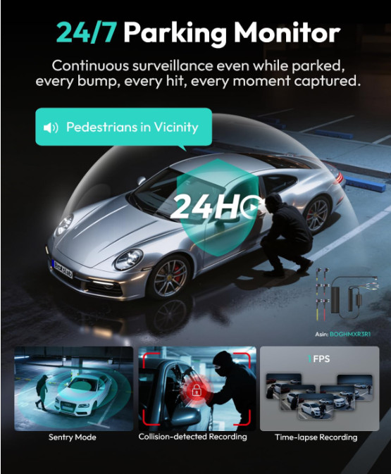 Cámara Dash Cam 3K de 4 Canales 360°, GPS, WiFi 5.8G y Pantalla Táctil. Nuevo