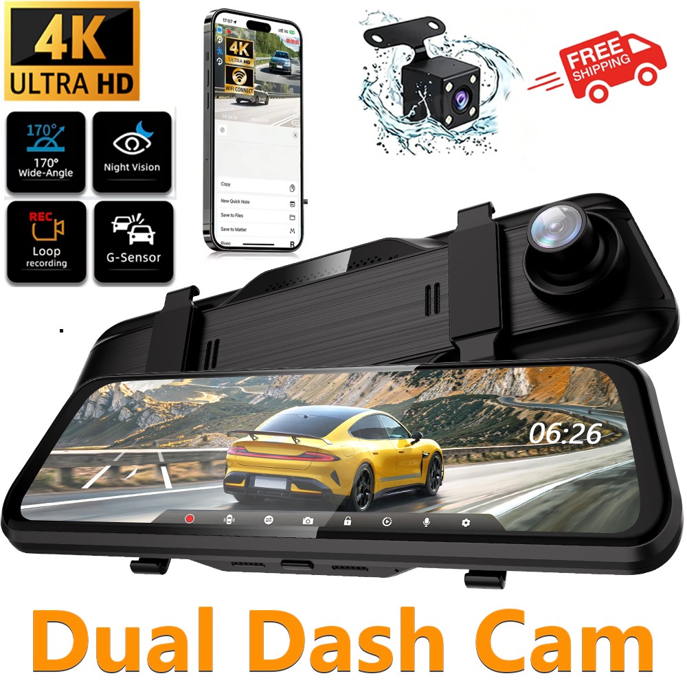 4K Dual Dash Cam Front Rear Dual Lens Dash Camera WIFI APP w/ 64GB TF Card NEW