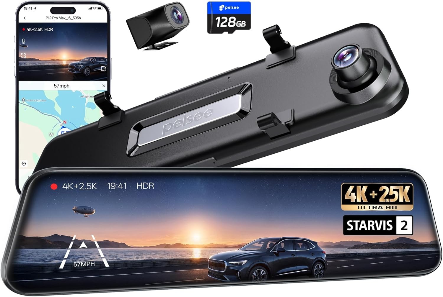 Pelsee 4K 2.5K Mirror Dash Cam 12in Starvis 2 128GB Card