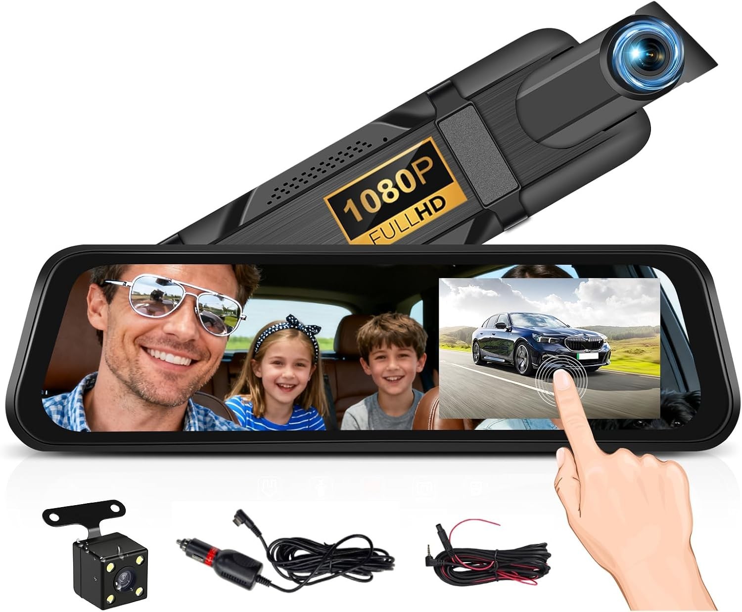 Superior 9.66 Inch Touch Screen Mirror Dash Cam with 150° Wide Angle Vision