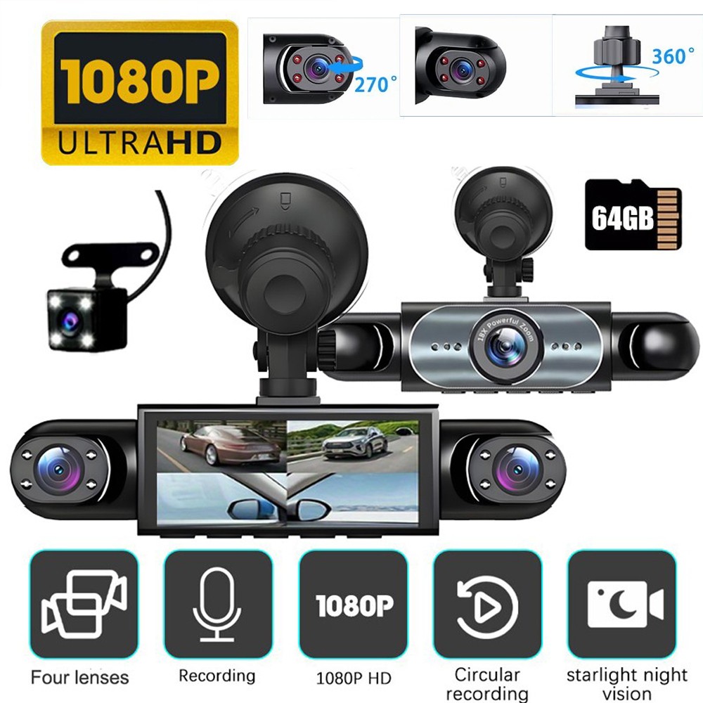 4 Channels Dashboard Camera Dash Cam CAR DVR Driving Recorder + 64GB SD Card