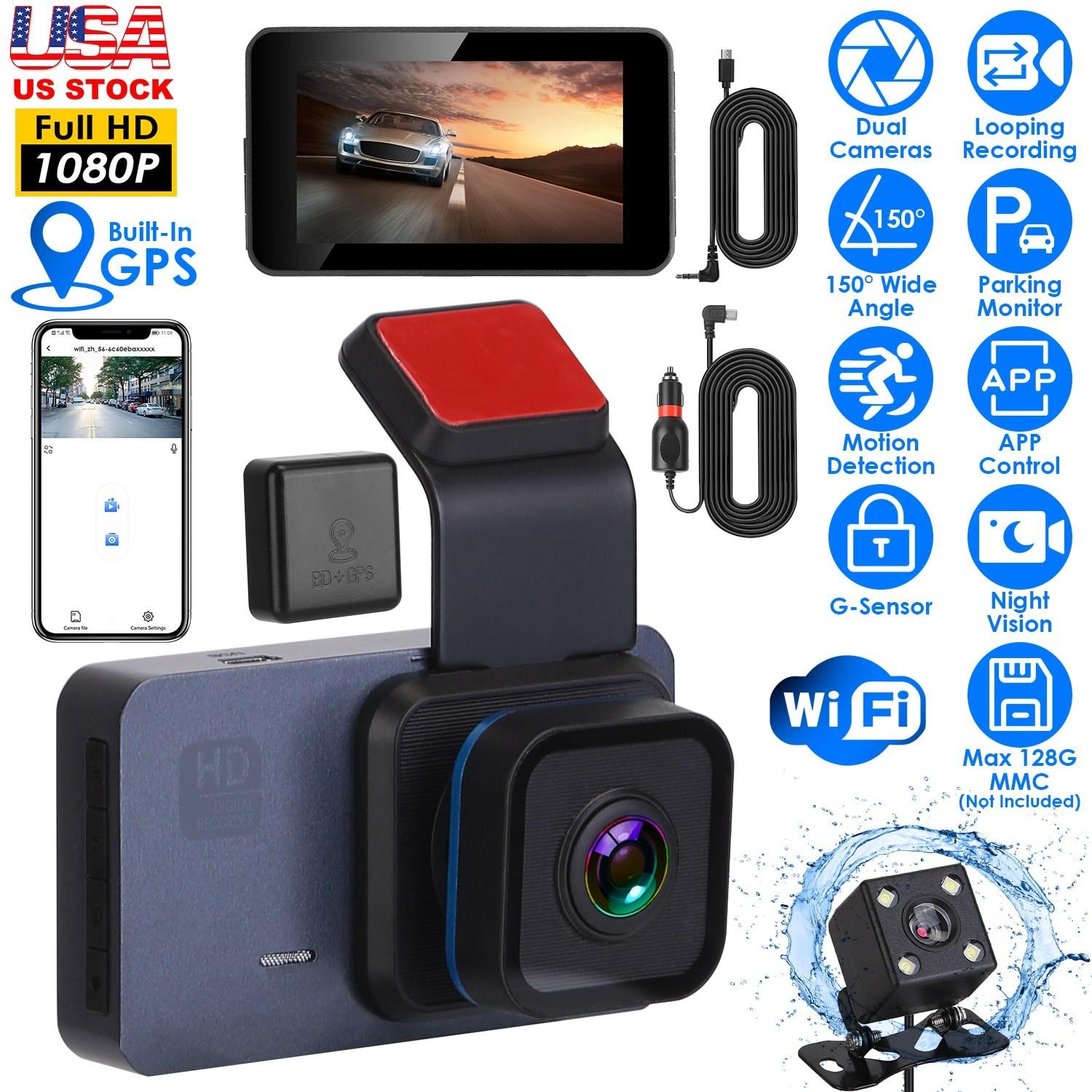 1080P Dual Lens Dash Cam Vehicle Driving Recorder Car DVR w/ WiFi GPS G-Sensor