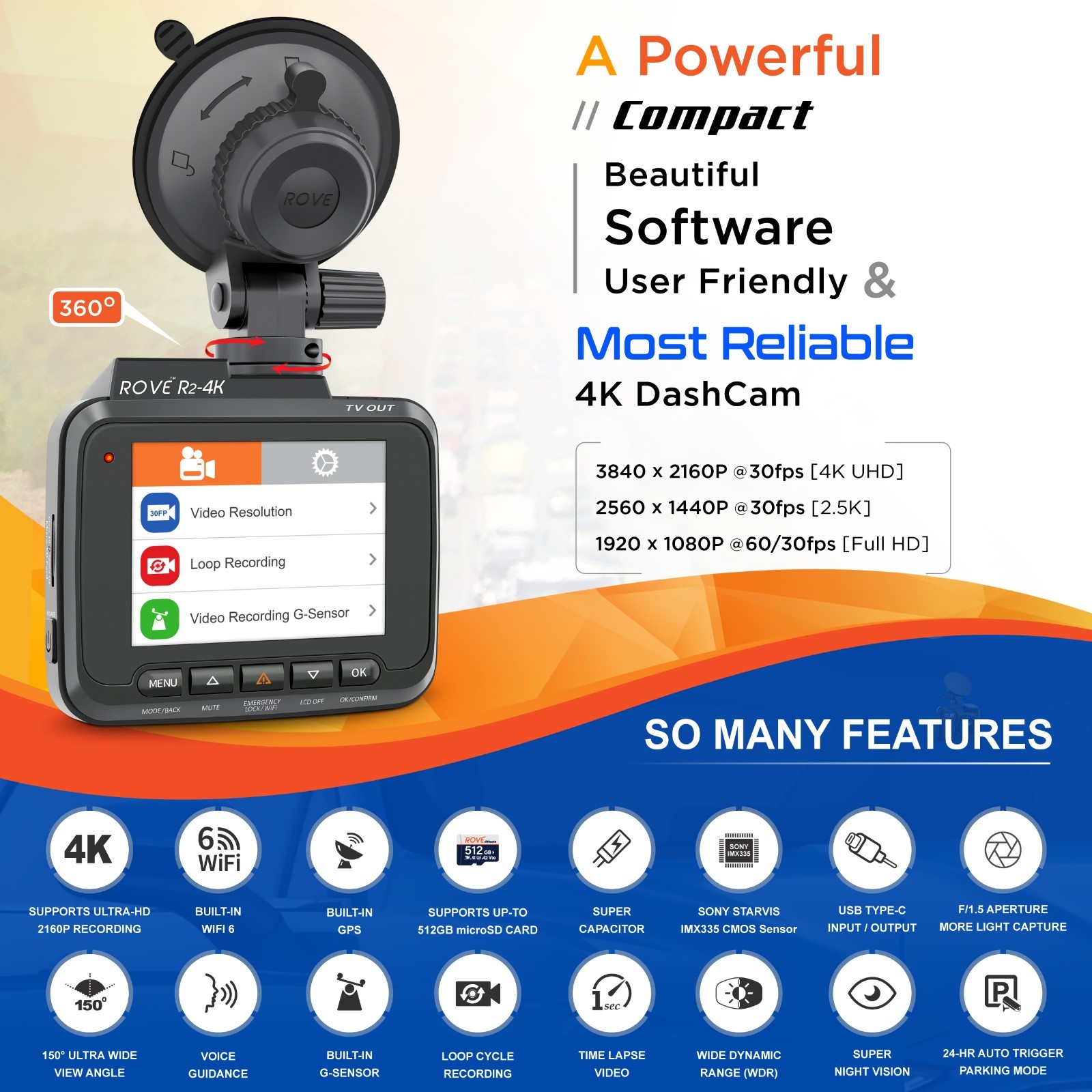 ROVE R2-4K Car Dash Cam Built-in WiFi & GPS [Open Box] with Free Hardwire Kit