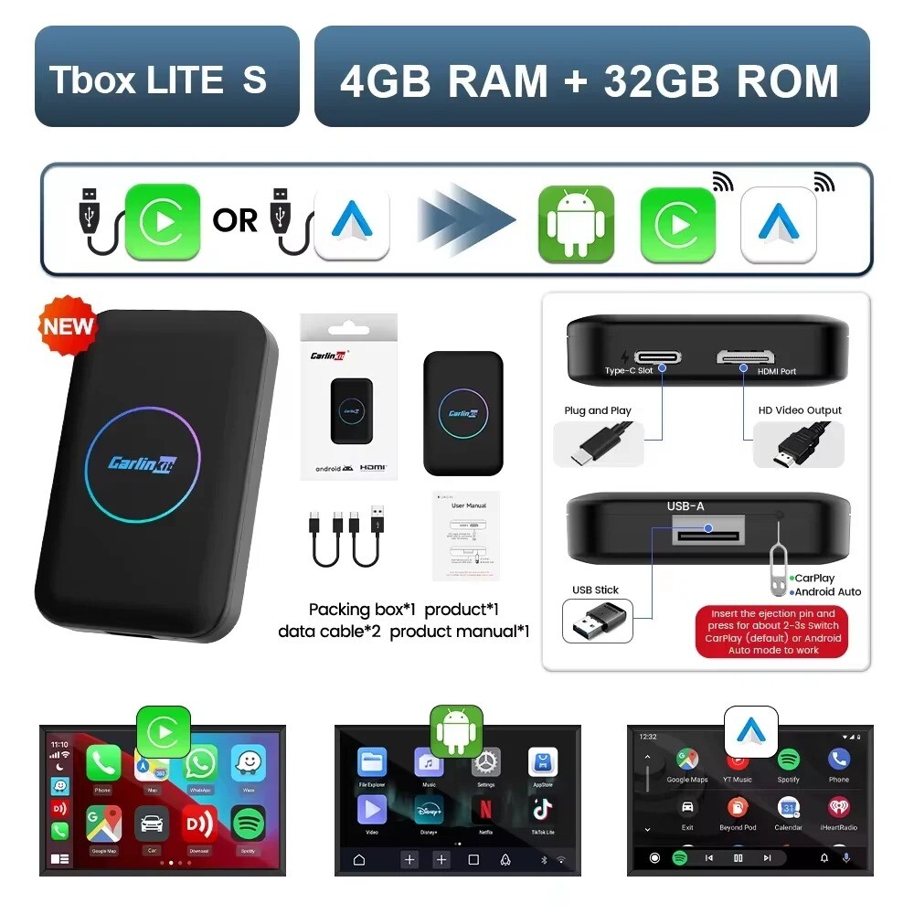 4+32G CarlinKit TBox LITE S TV Ai Box wireless carplay android auto HDMI output