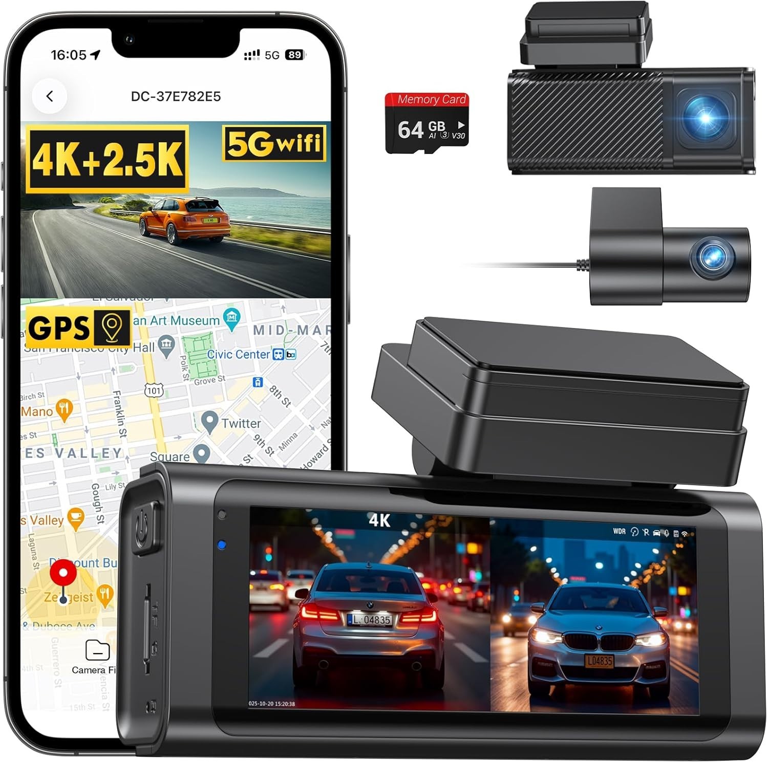 4K + 2.5K Front & Rear Dash Camera Built-in 5G Wi-Fi GPS 64GB Card Inc SEALED