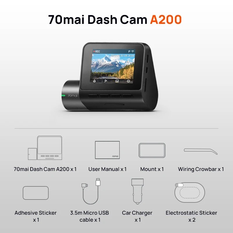 Global 70mai Dash Cam A200 Dual-channel Record 1080P HDR 2” 24H Parking Monitor