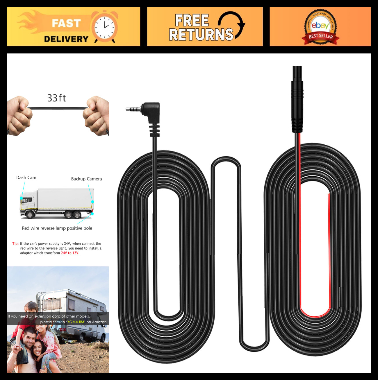 33ft 2.5mm Male to 4 Pin Dash Cam Cable, Backup Camera Extension Cord