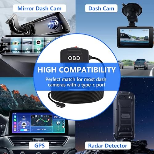OBD2 OBD Power Cable, OBD to Type C USB OBDII Adapter 11.6-36V to 5V/3A Dash