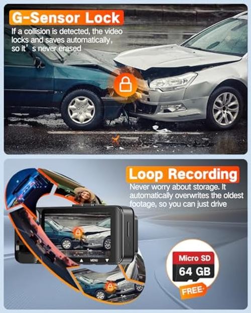 4K UHD 3 Channel Dash Cam Front and Rear Inside, Free 64GB Card Matte Black