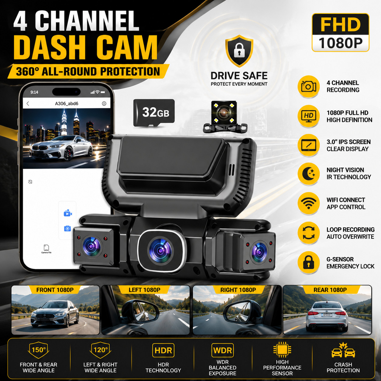 Dash Cam 4 Channel 360° Front Rear Inside DashCam FHD 1080P Car Camera 32GB