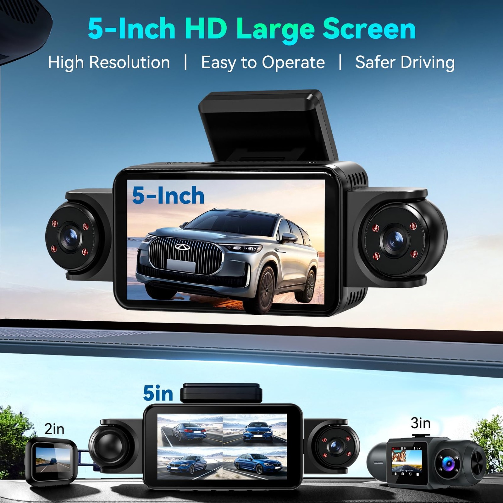 360°View 4 Channel Dash Cam, 5” IPS Large Screen Dash Camera for Cars, 4K+10…