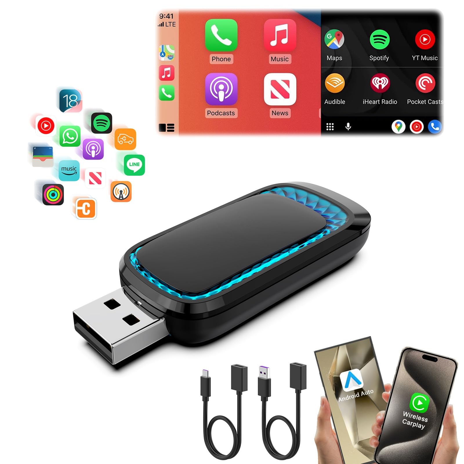 Android Auto Wireless Adapter & Wireless CarPlay Adapter-Mini USB CarPlay Wir…
