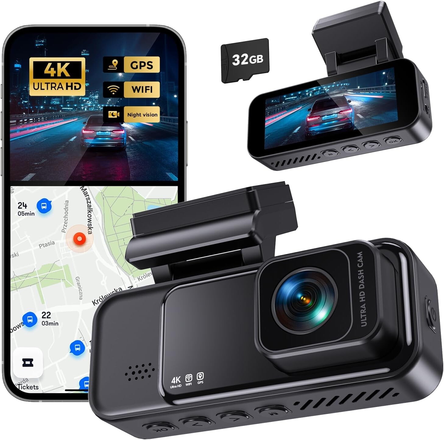 Dash Cam 4K Front, Built-in WiFi GPS Dash Camera for Cars, 3.2″ IPS Screen Dashc