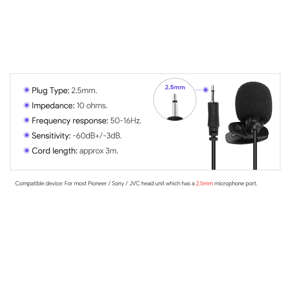 Lavalier Clip-on Microphone For Pioneer Sony JVC Car Head Unit with 2.5mm Connec