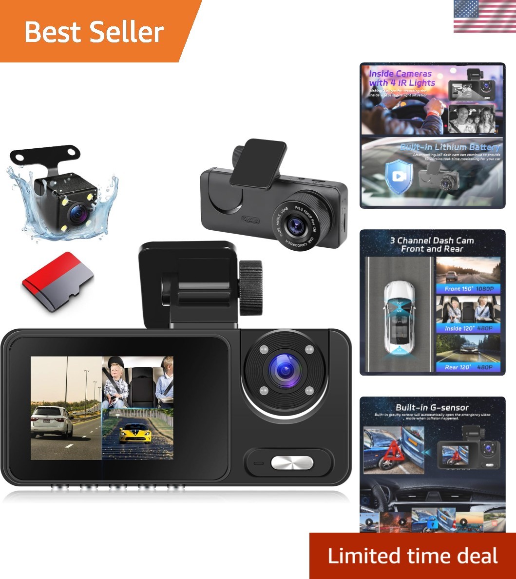3-Channel 1080P Dash Cam with Night Vision & 64GB Card – Front & Rear Protection