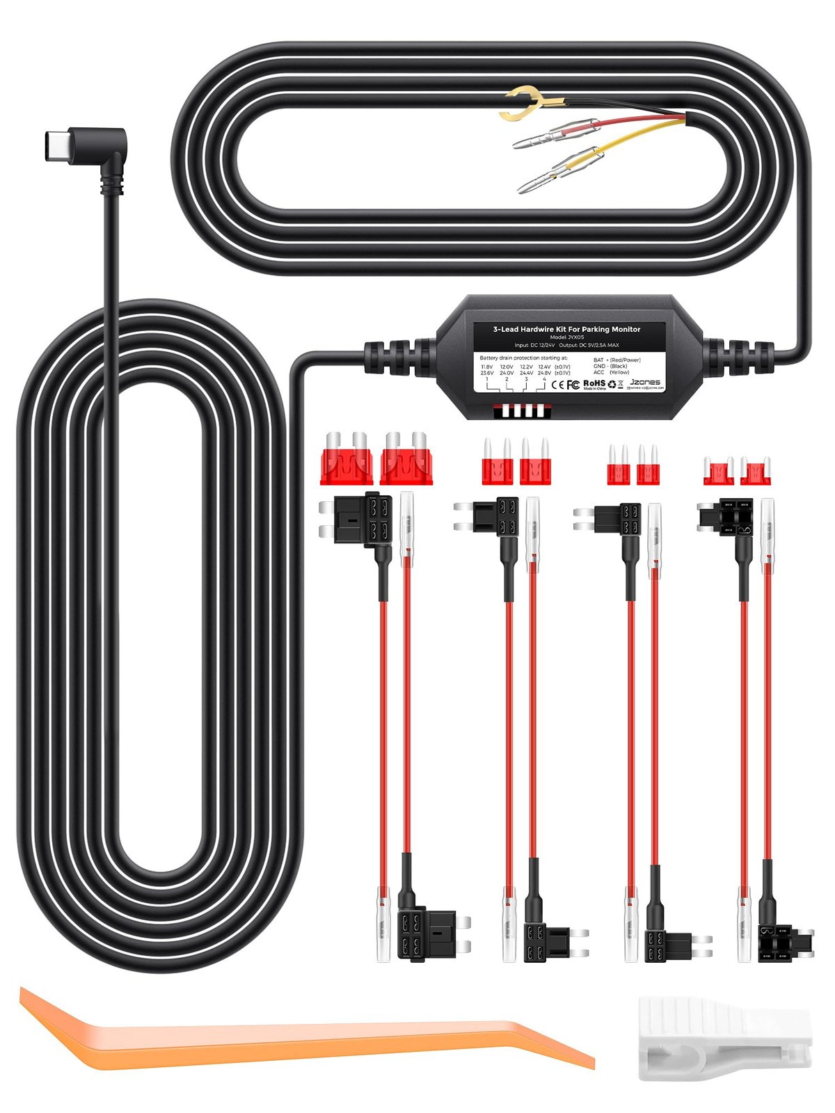 Jzones Dash Cam Hardwire Kit with a Circuit Fuses, 11.5ft Type-C USB Port