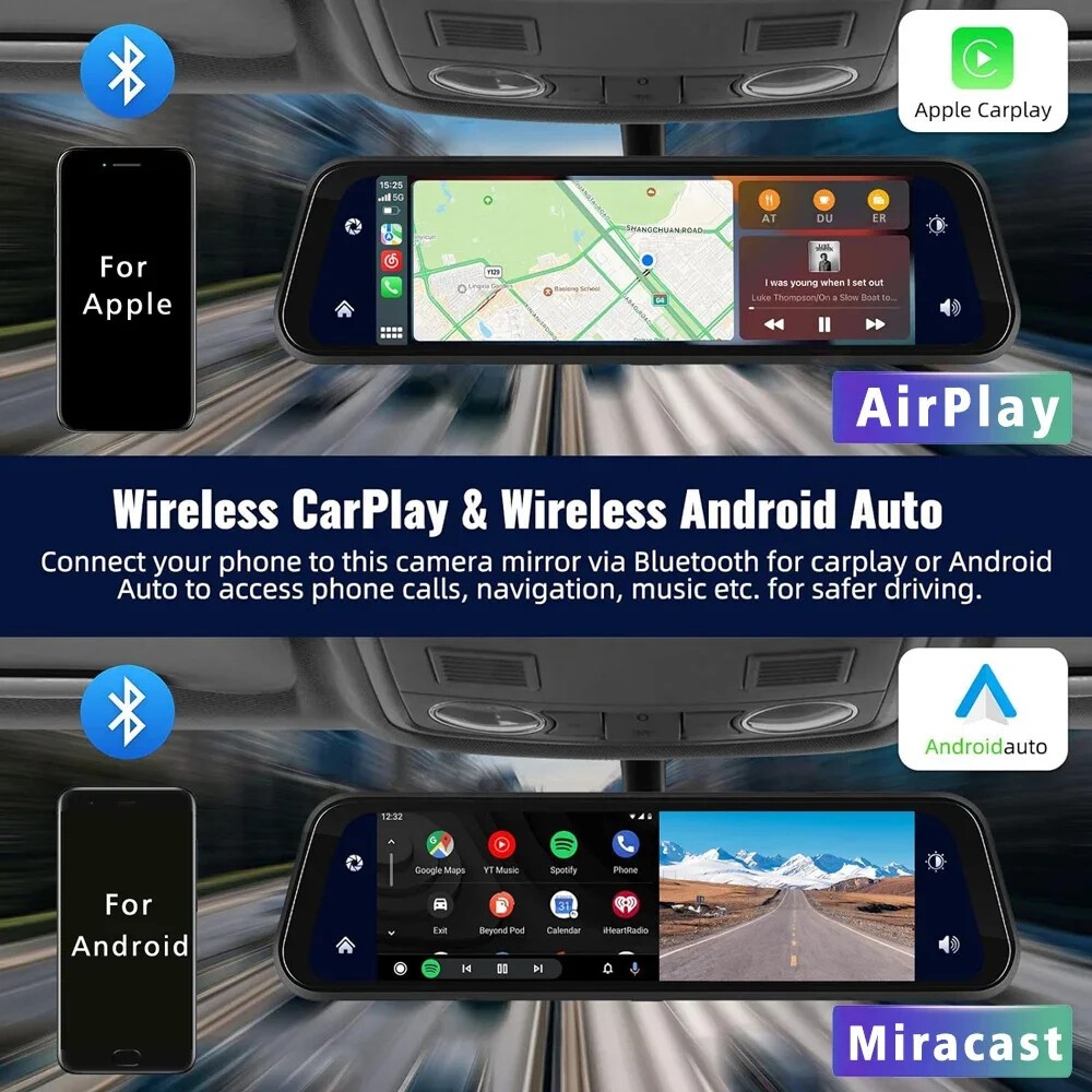 4K Dash Cam Mirror Car DVR WIFI Carplay Android Auto Voice Conrtol Video Record