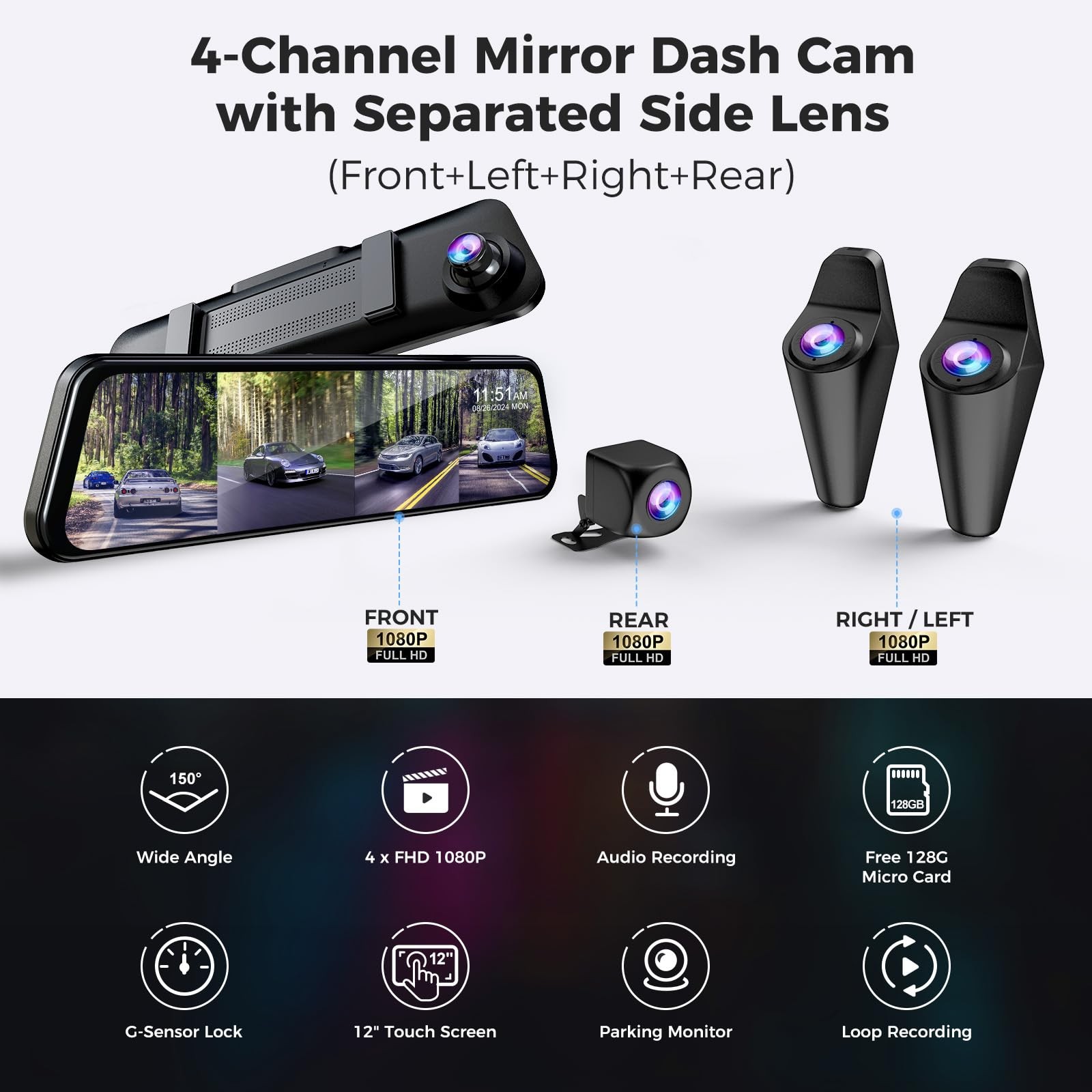 360 Degree View 4 Channel Mirror Dash Cam Detached Camera for Cars，Dash Cam F…