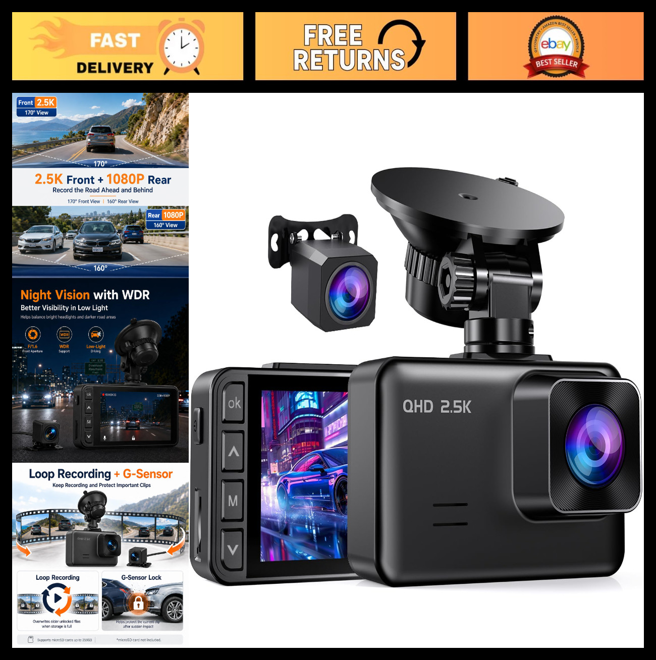 Dual Dash Cam Front & Rear, 2.5K + 1080P HD, 2″ IPS Screen, Night Vision, Loop R