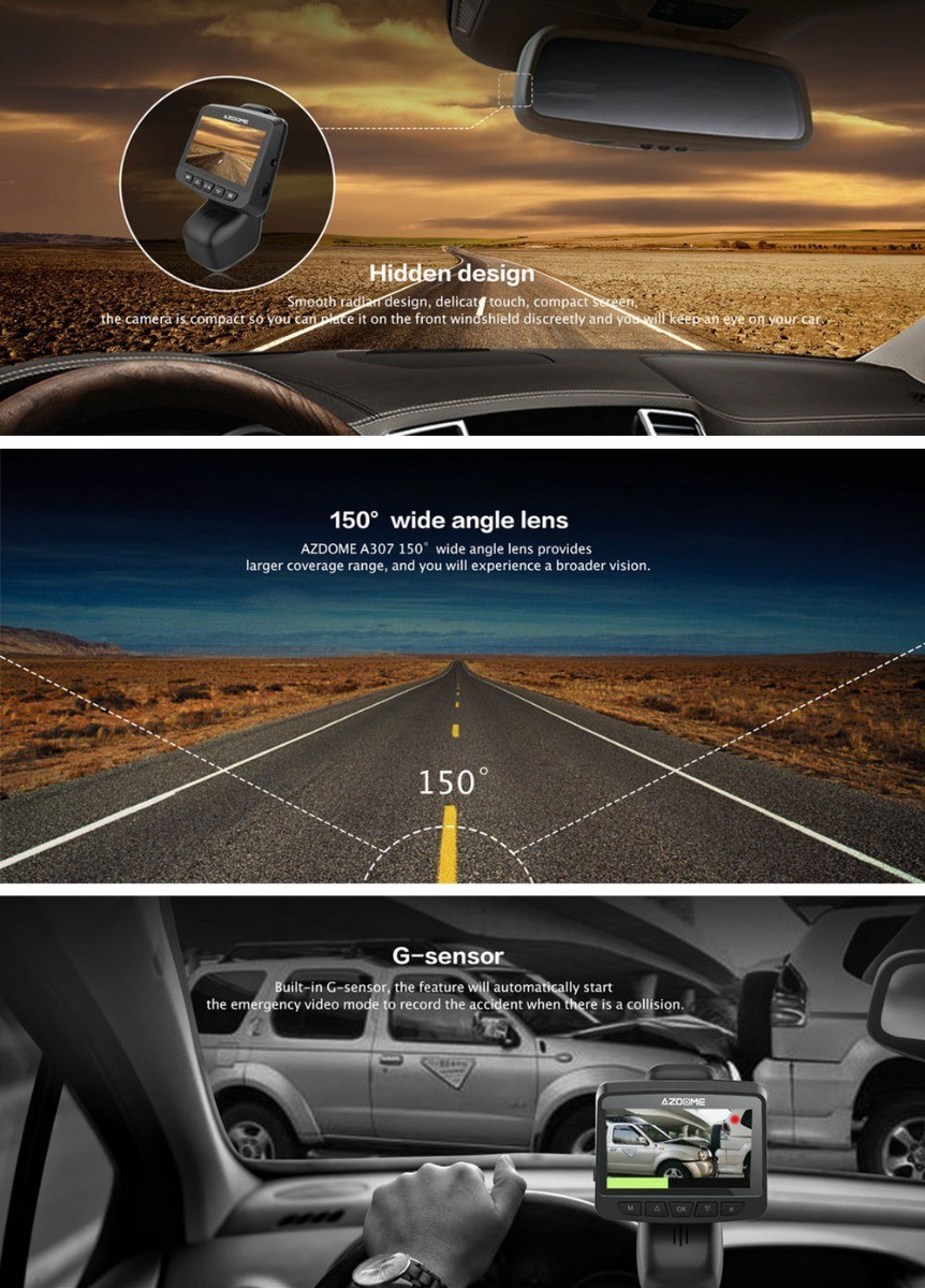 Azdome Dash Cam A307 WiFi Car DVR 150 Degree Wide Angle Lens