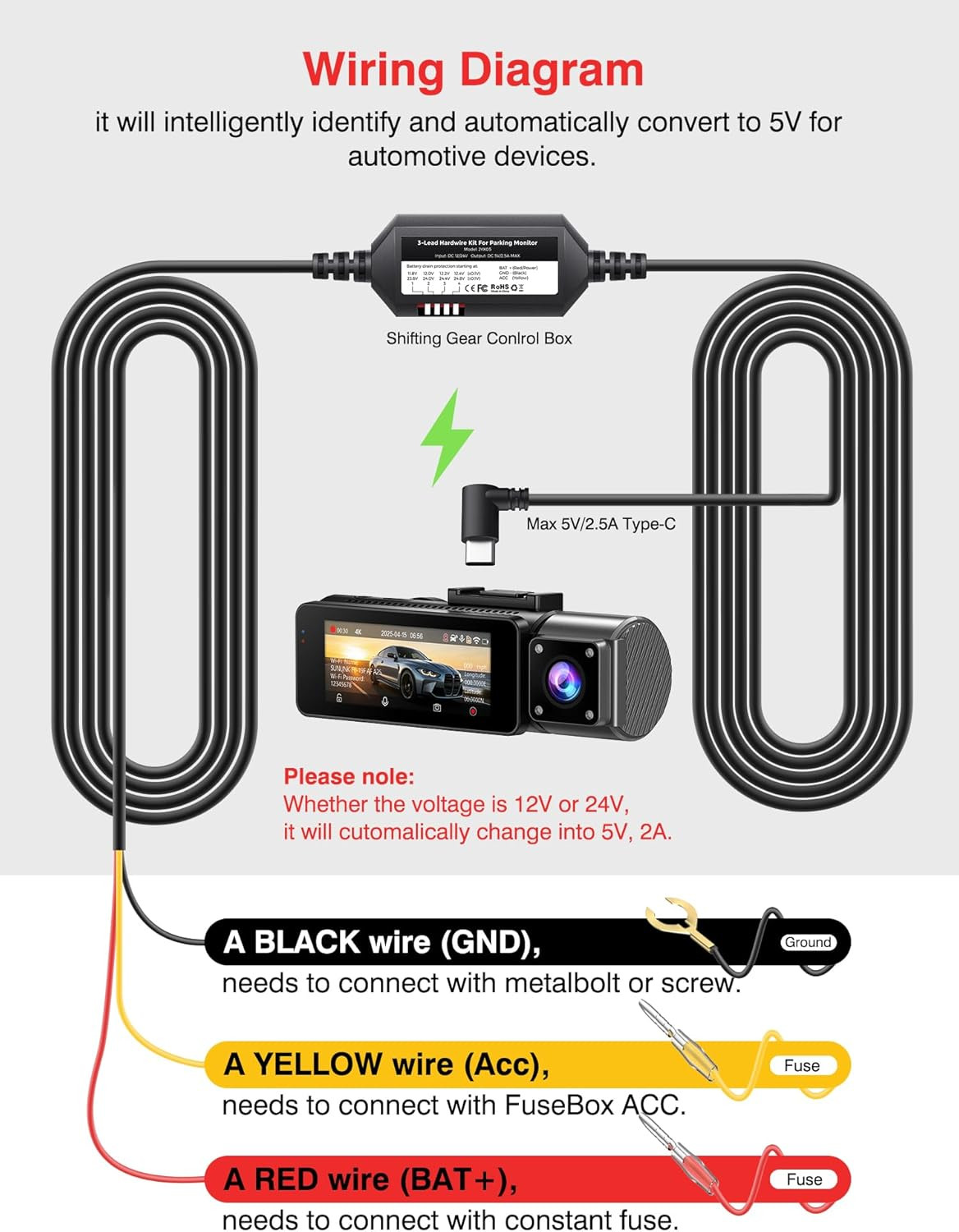24/7 Parking Mode Hardwire Kit for Dash Cam Front and Rear, 11.5Ft Type-C Cable