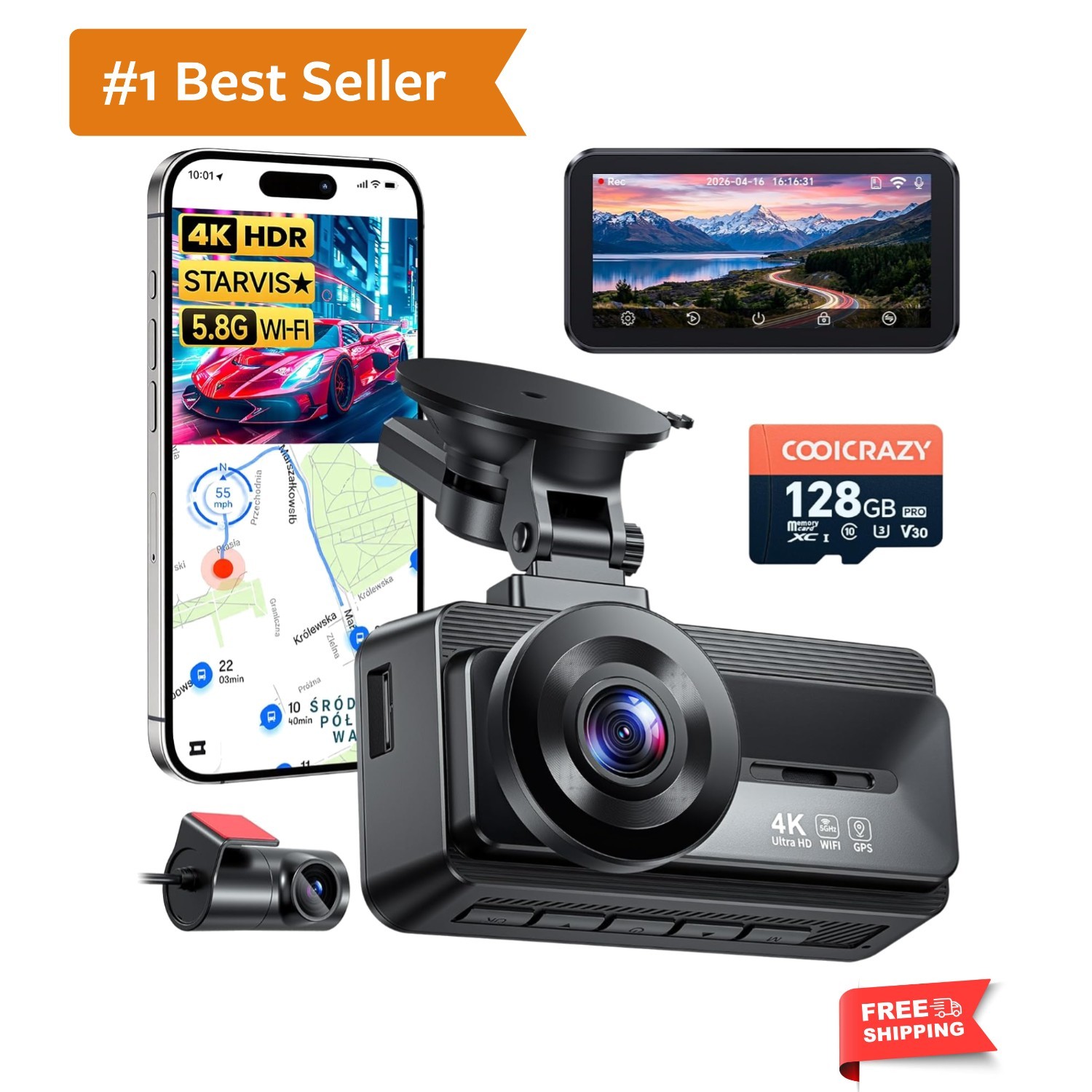 4K Dash Cam Front and Rear, STARVIS Sensor, Free 128GB Card Included, 5GHz Wi…