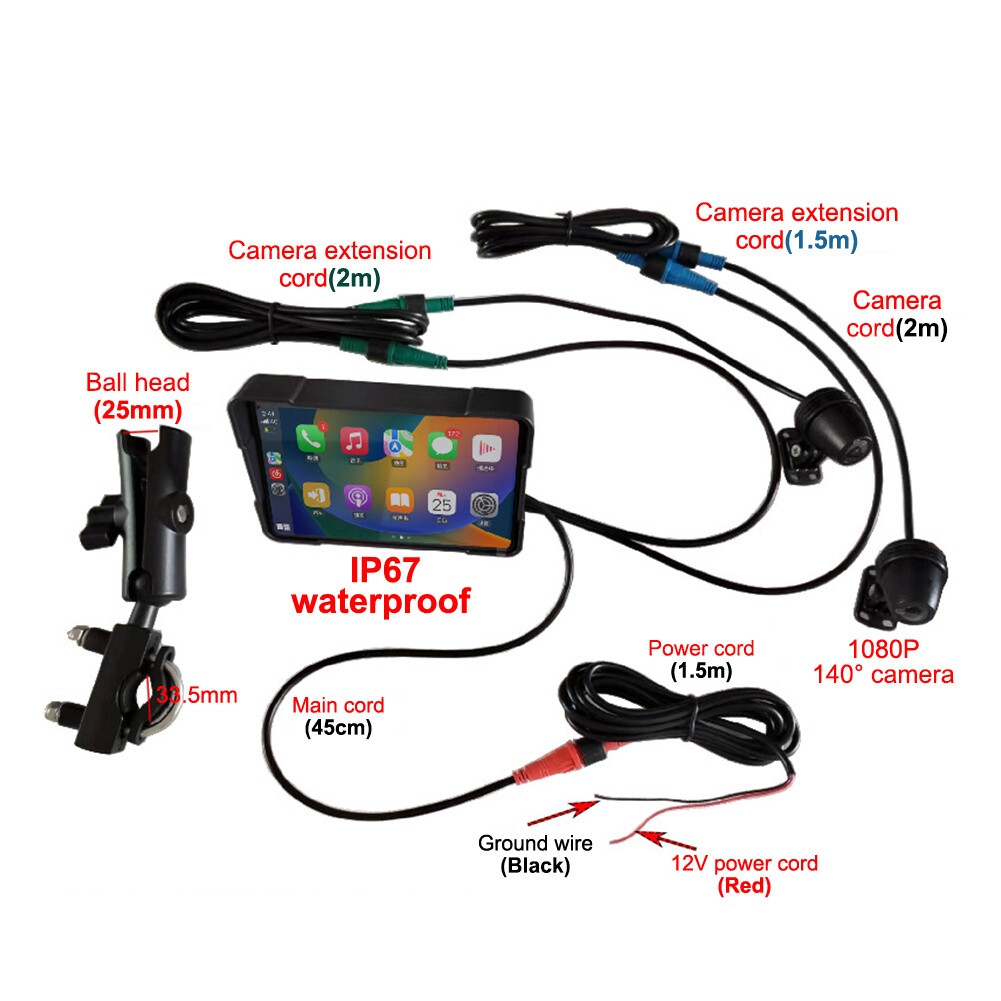 Motorcycle Wireless CarPlay Auto Screen Dual Touchscreen w/Front & Rear Dash Cam