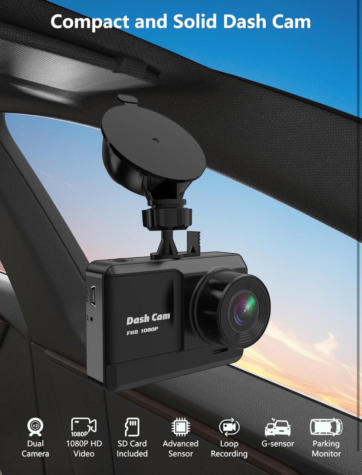 DKK Dash Cam Front and Rear, 1080p mini dash with 32 GB SD Card. G Sensor Lock