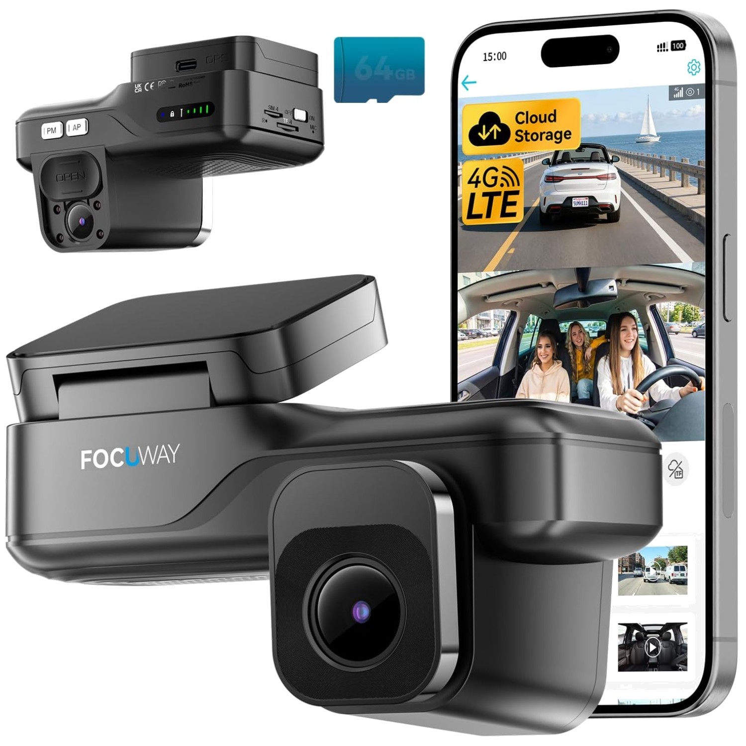 4G LTE Dash Cam with Live View, 2K Front Inside Camera