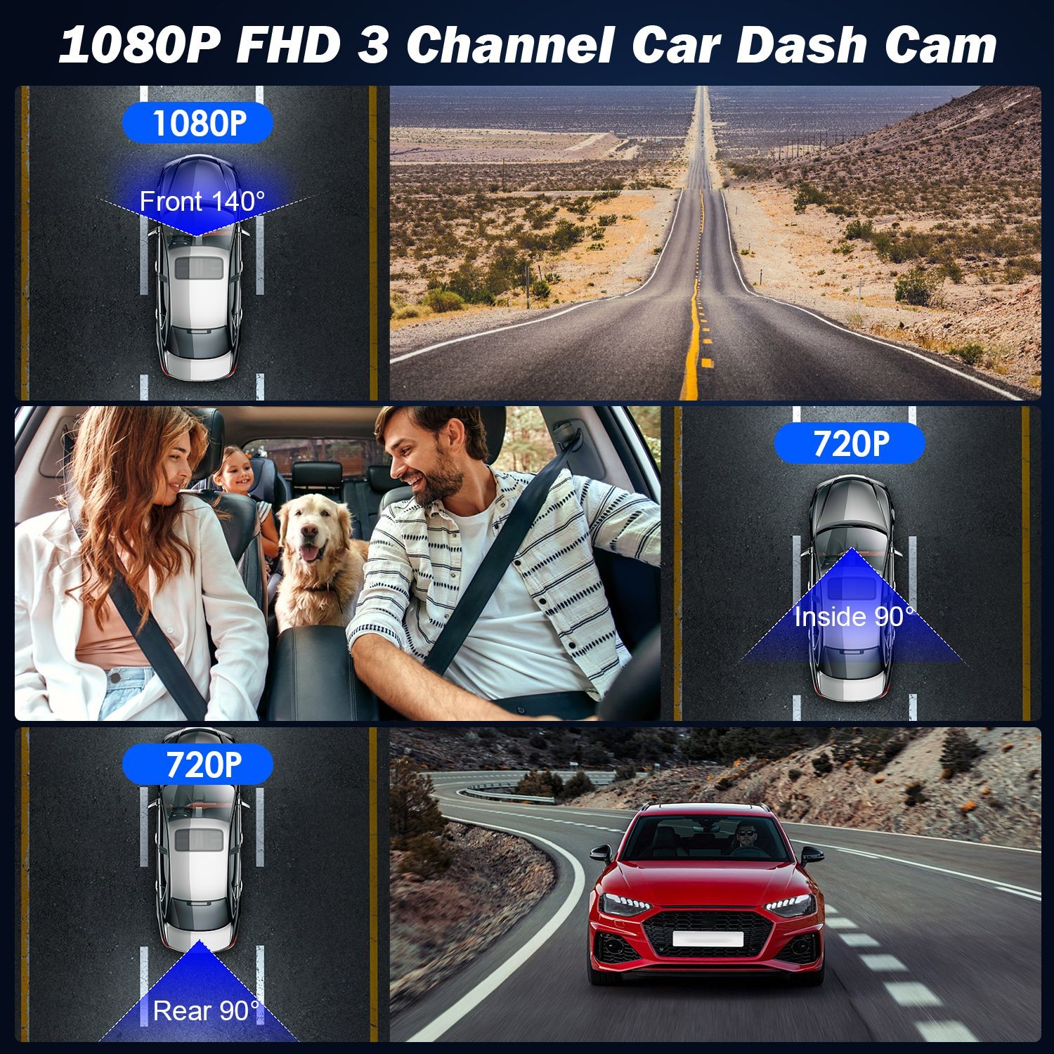 1080P Car Dash Cam 3 Channel Front Rear Inside Dash Camera Night Vision Recorder