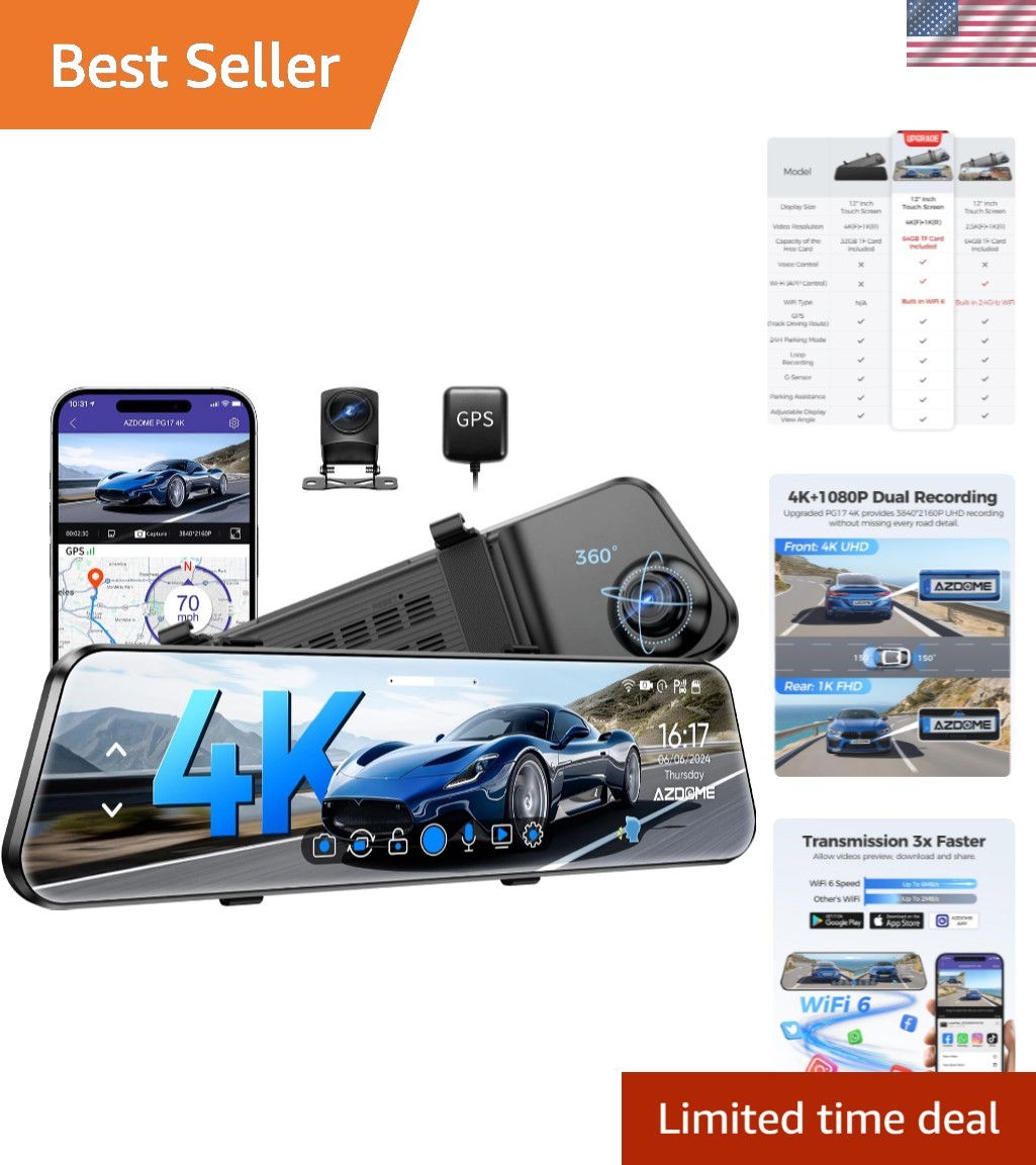 4K Mirror Dash Cam – 12″ Front and Rear Cameras with GPS, Night Vision & 64GB