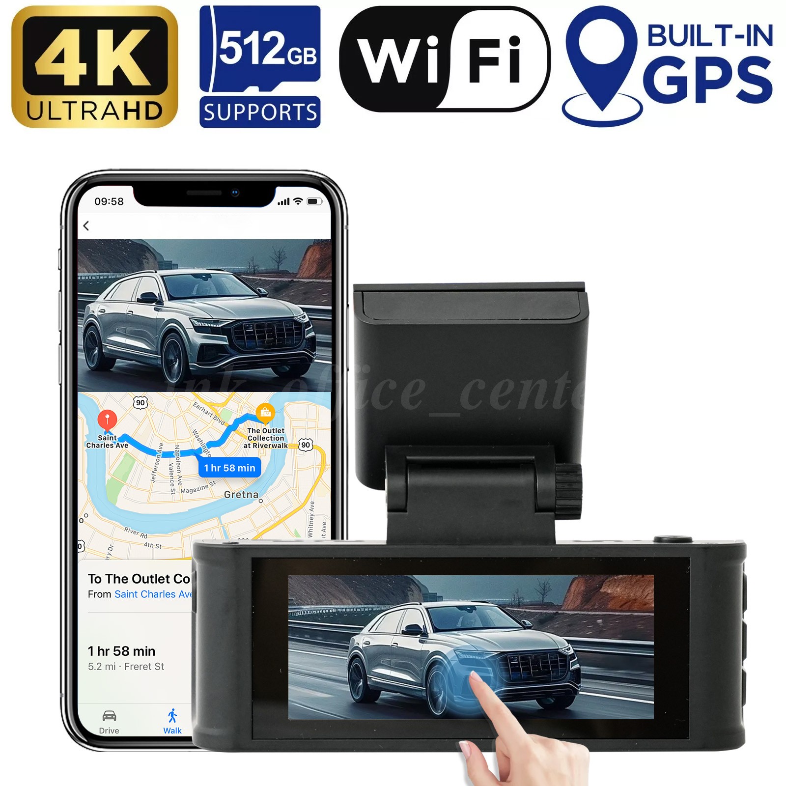 Front and Rear Dash Camera with 512GB SD Card, 4K Dual Dash Camera, Black
