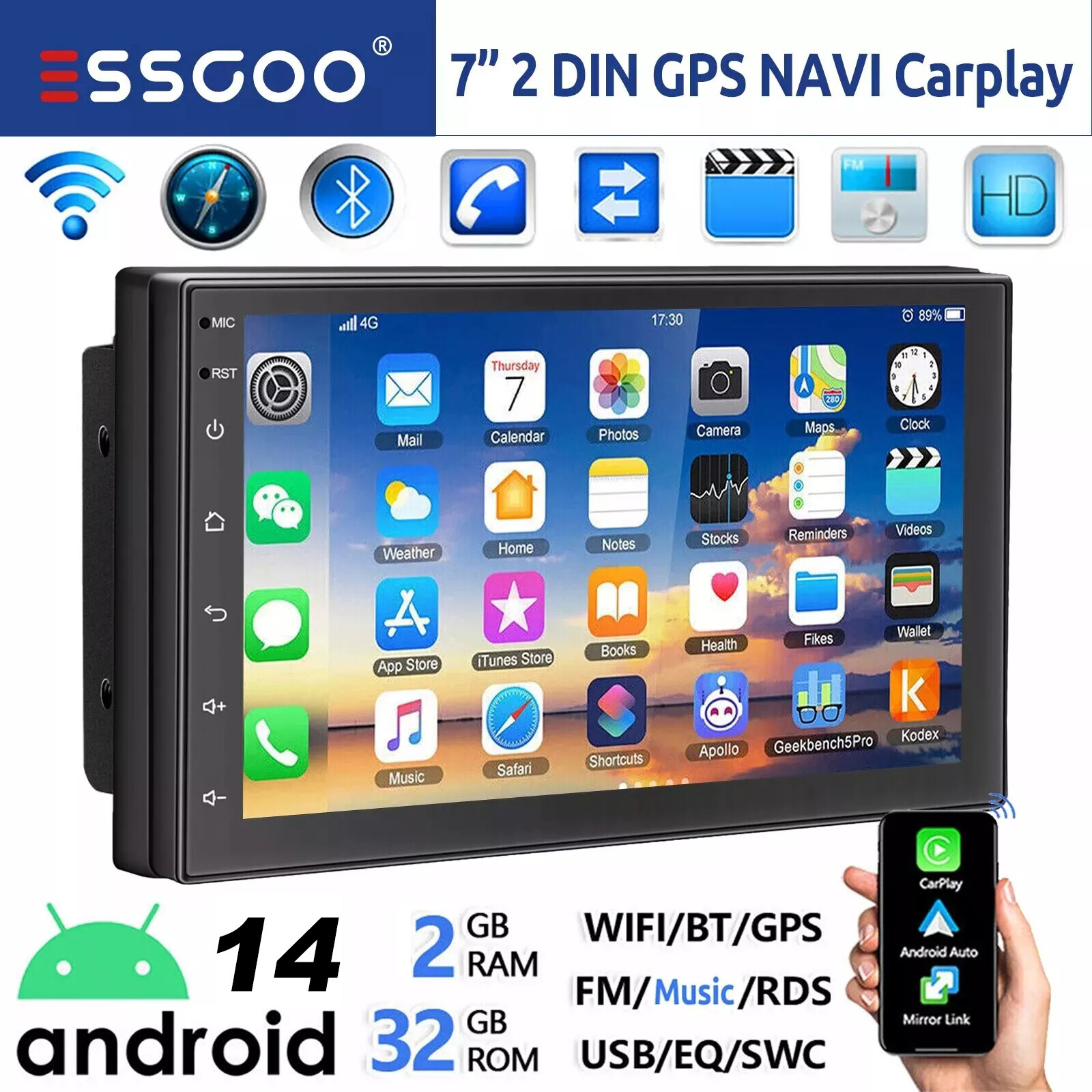 7 Inch 2 DIN 32G Android 14 Apple Carplay GPS NAVI FM RDS WiFi Bluetooth USB SWC