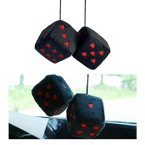 Ziciner Pair Fuzzy Plush Dice for Car Mirror, 3” Retro Square Dice Black&Red