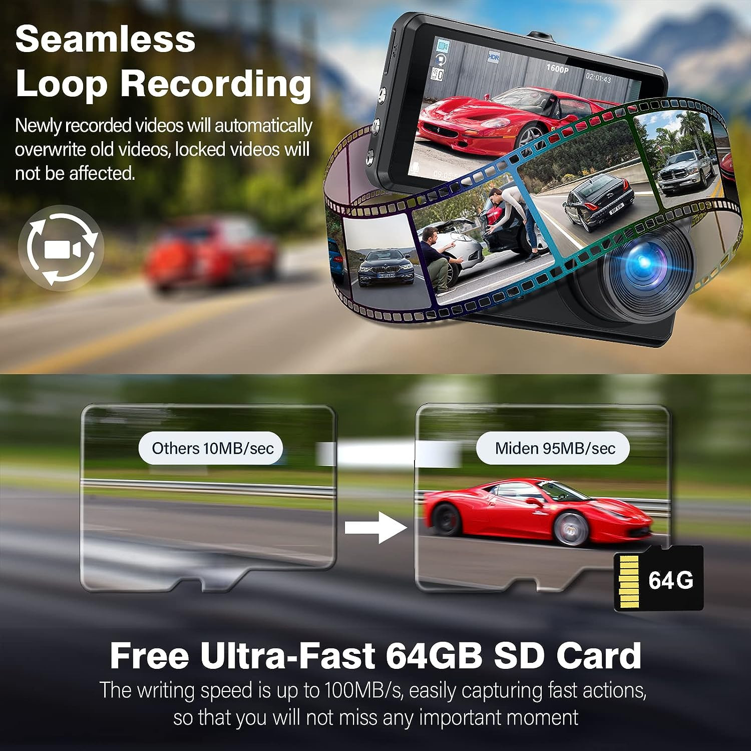DUAL Car Video Recorder Camera Night Vision Dash Cam G-Sensor WDR DashCam 64GB