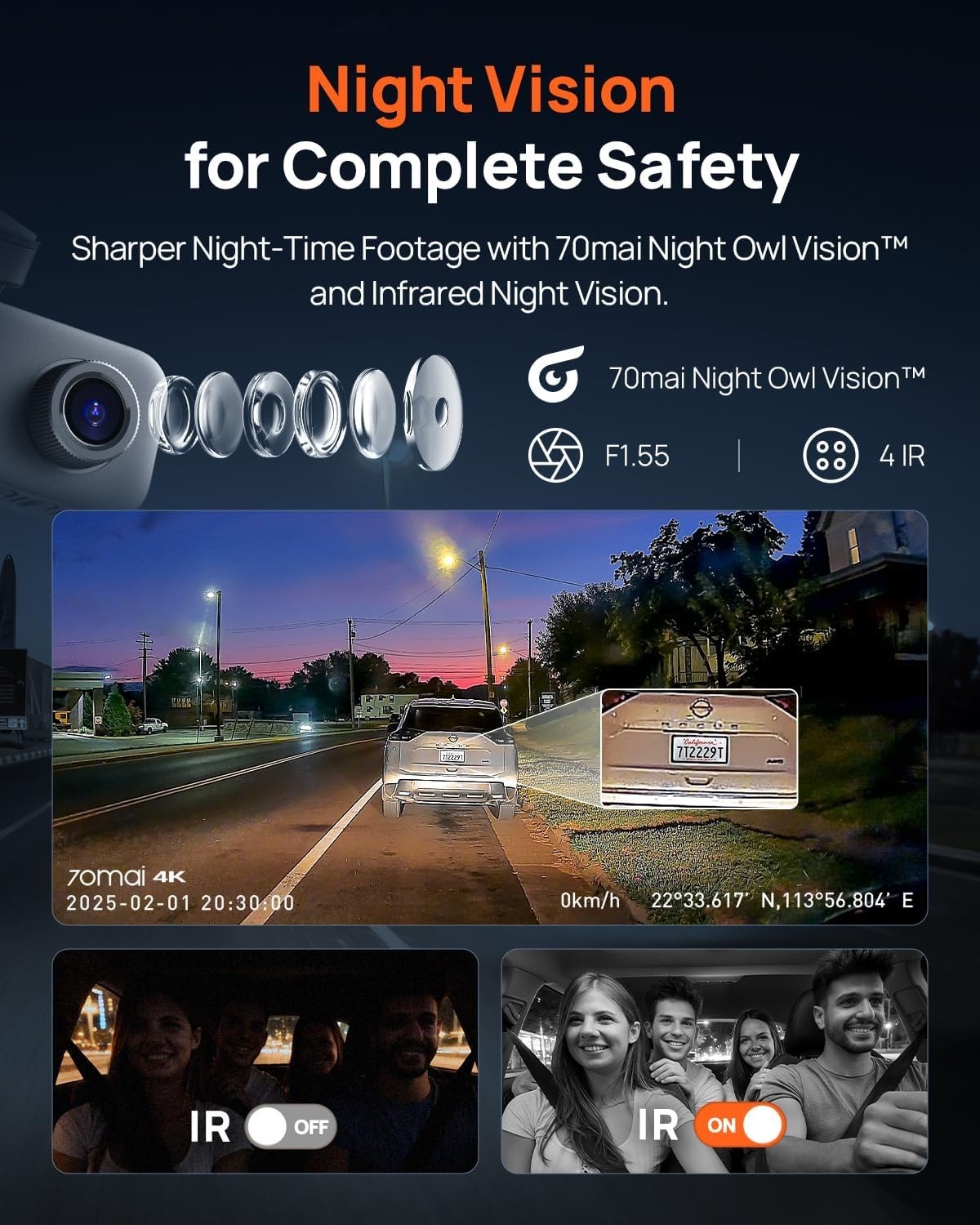Dash Cam 4K Front Rear Inside 3 Channel GPS Wi-Fi Night Vision