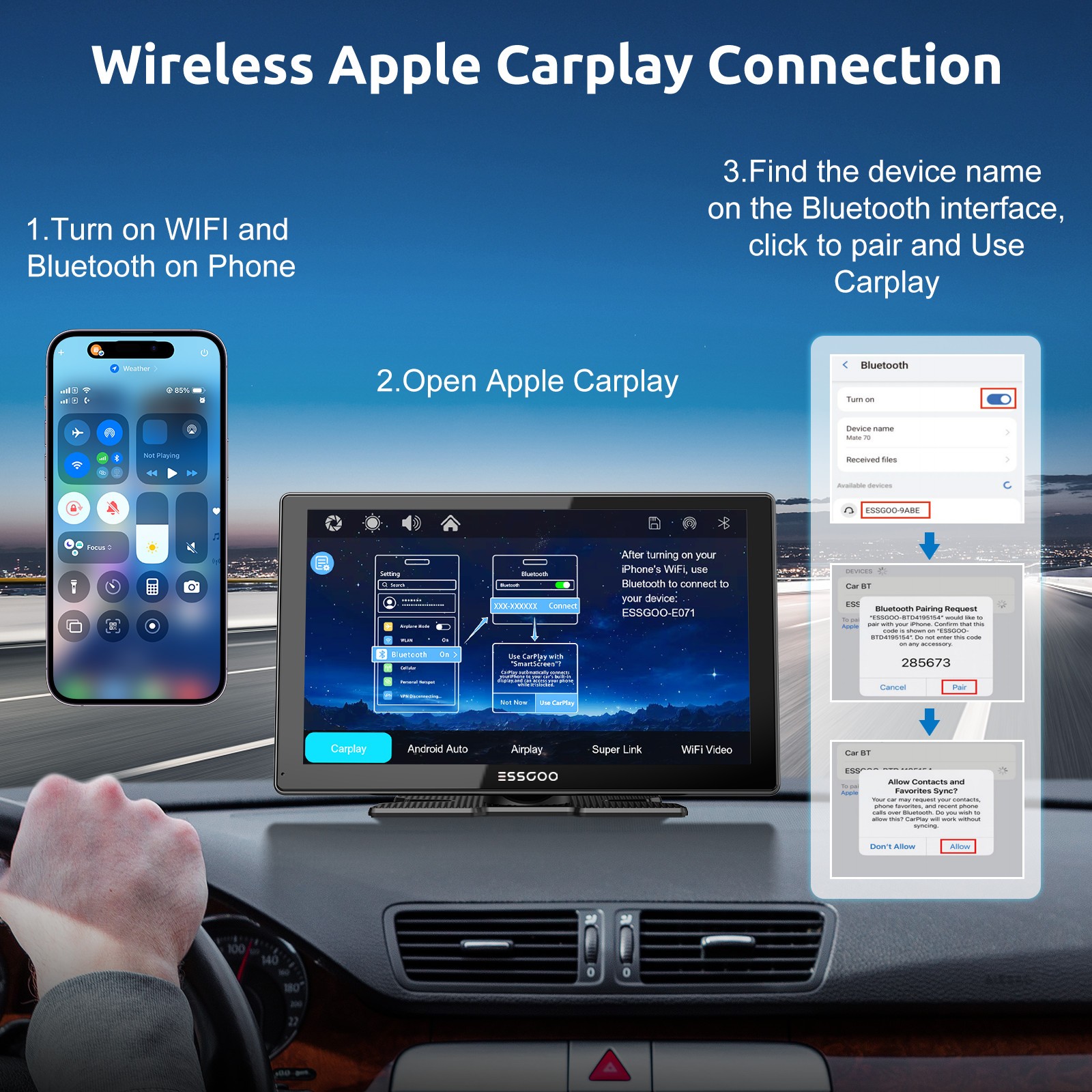 ESSGOO 9 Inch 4K+1080P Portable Apple Carplay Android Auto Dash Cam Touch Screen