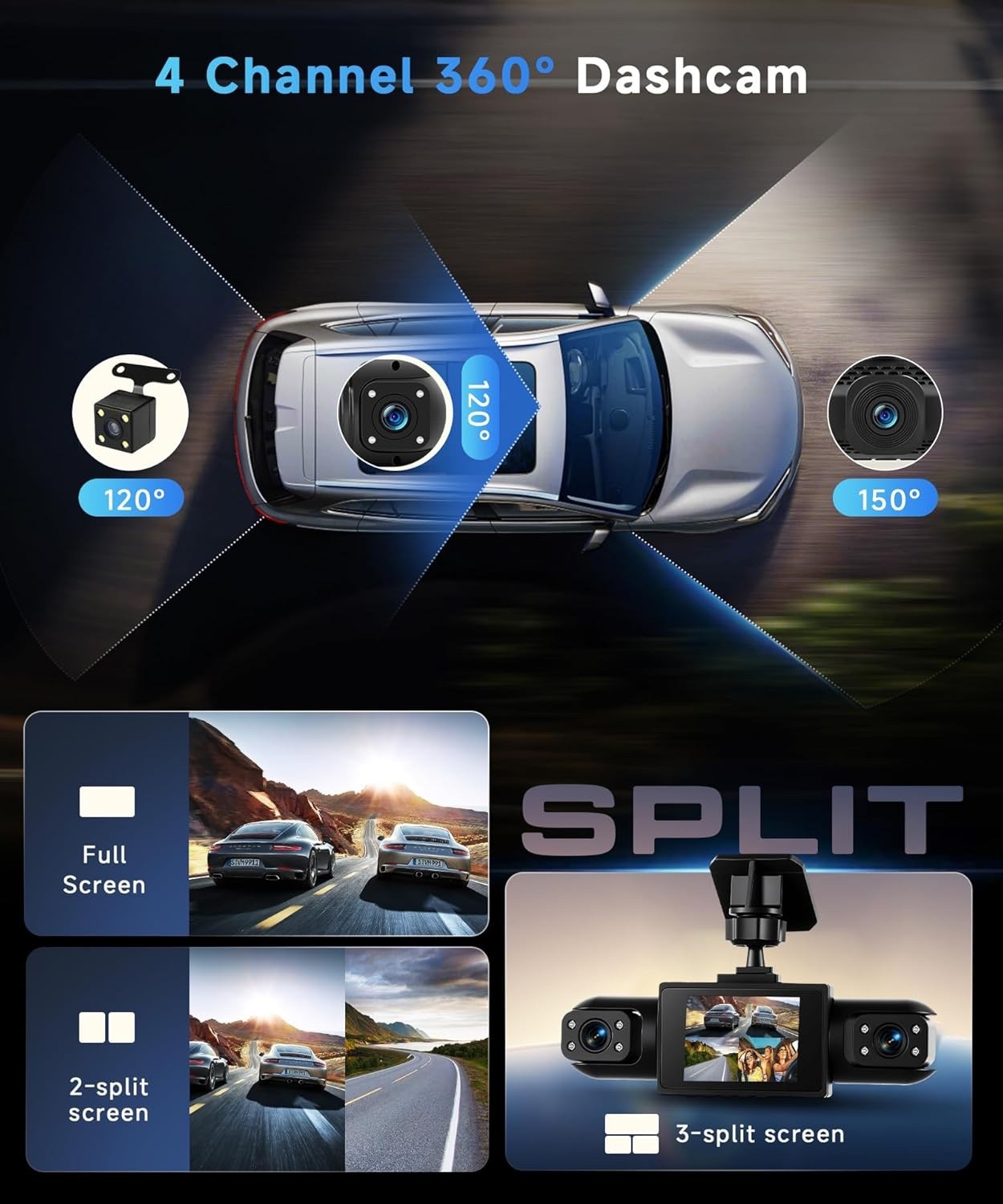 4 Channel 360 Dash Cam Front and Rear Inside Left Right, Dash Camera for Cars
